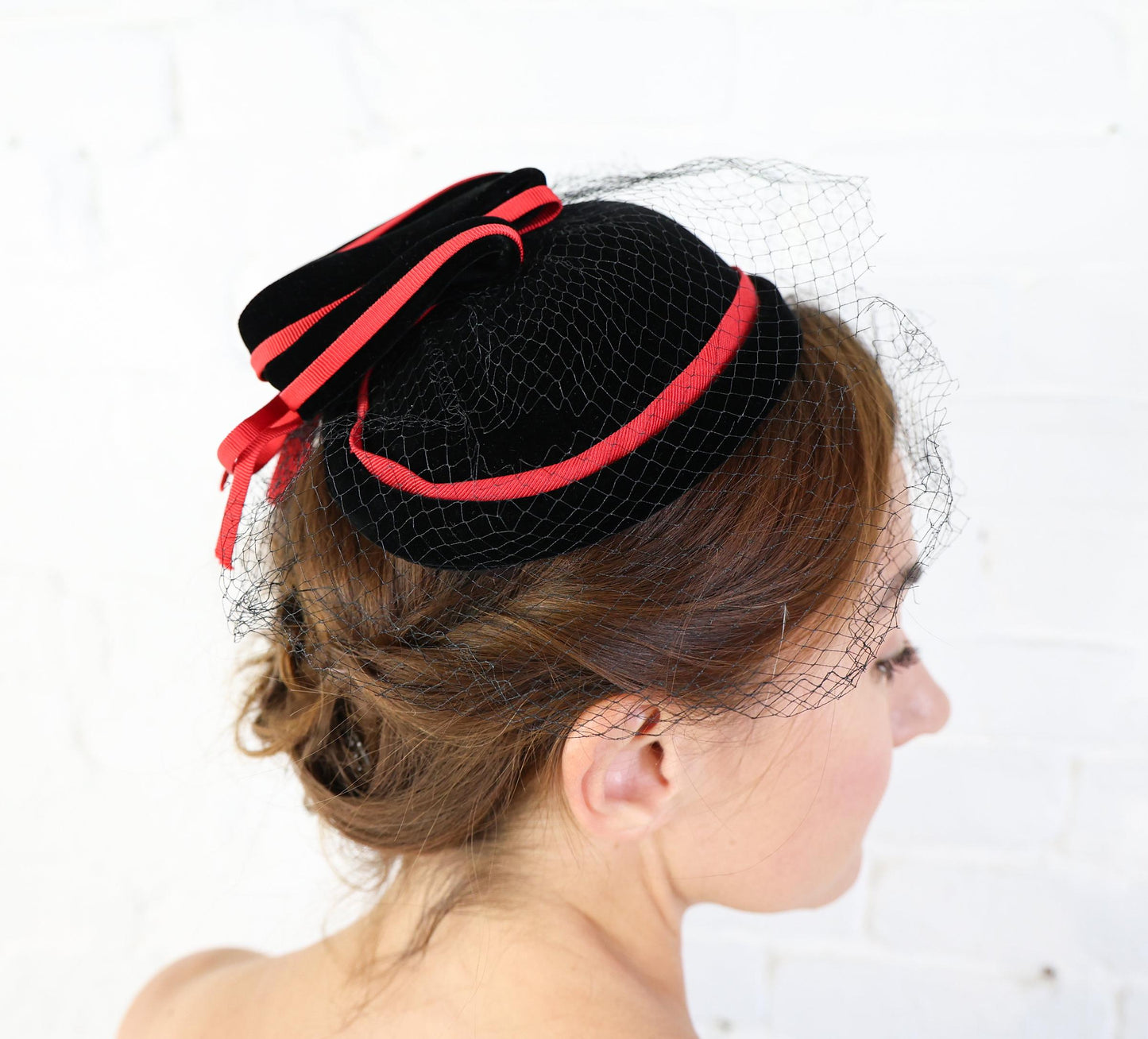 1950s Black Velvet Cocktail Hat, Red Trim Fascinator