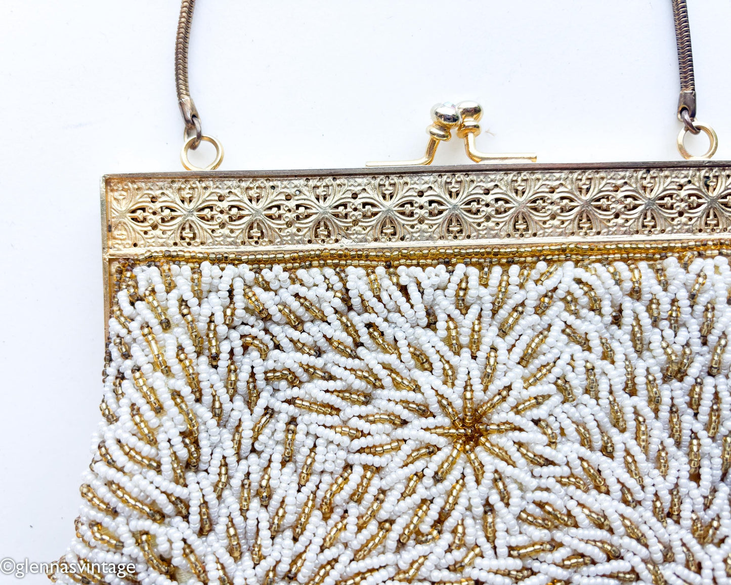 1950s White Gold Beaded Evening Bag