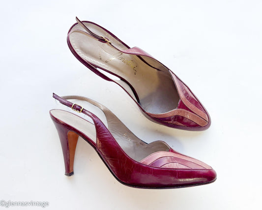 1980s Maroon Leather Slingback Heels | Red & Pink Shoes, US 6.5