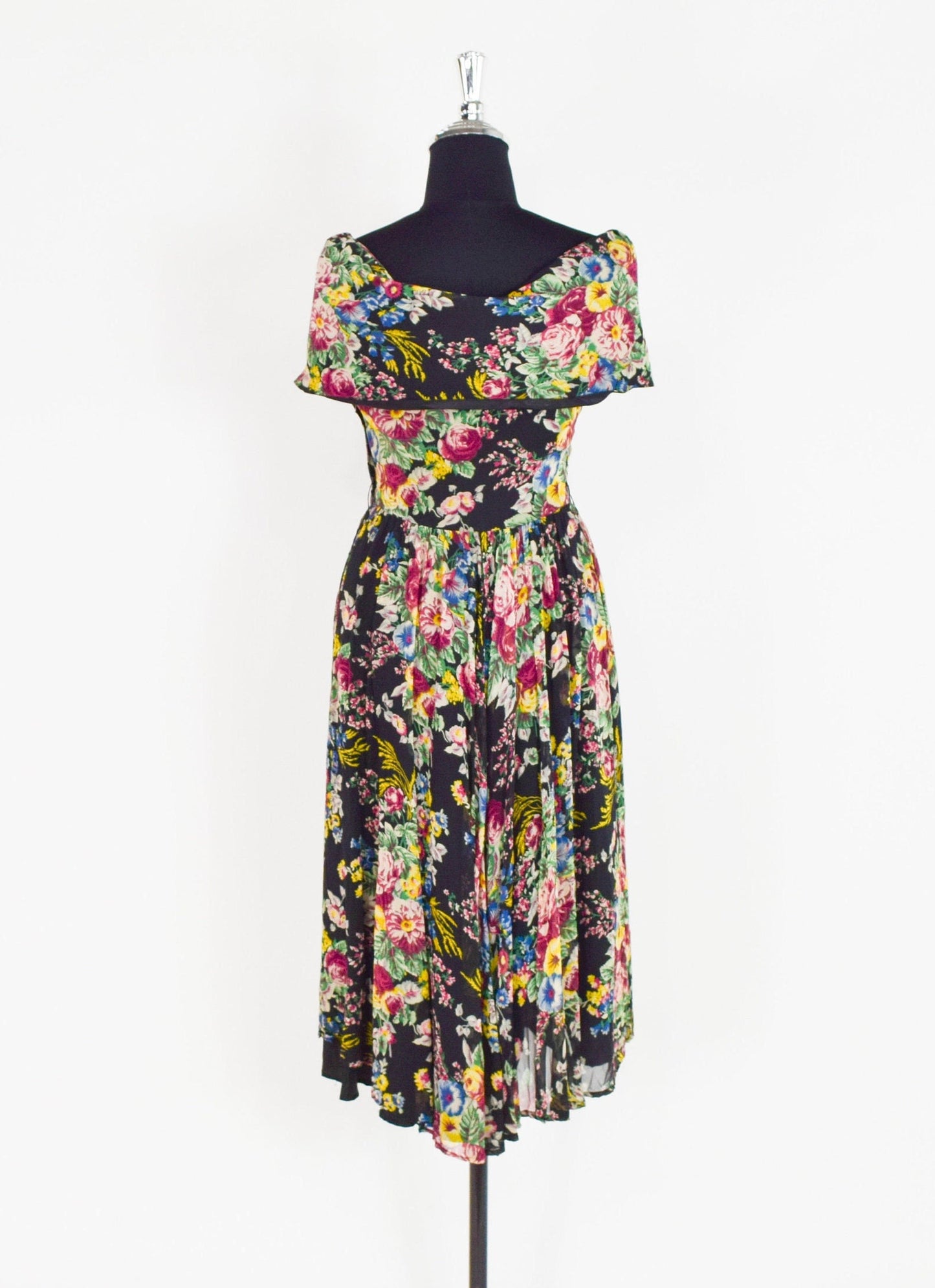 1940s Black Floral Party Dress | 40s Black Flowered Rayon Print Dress | X Small