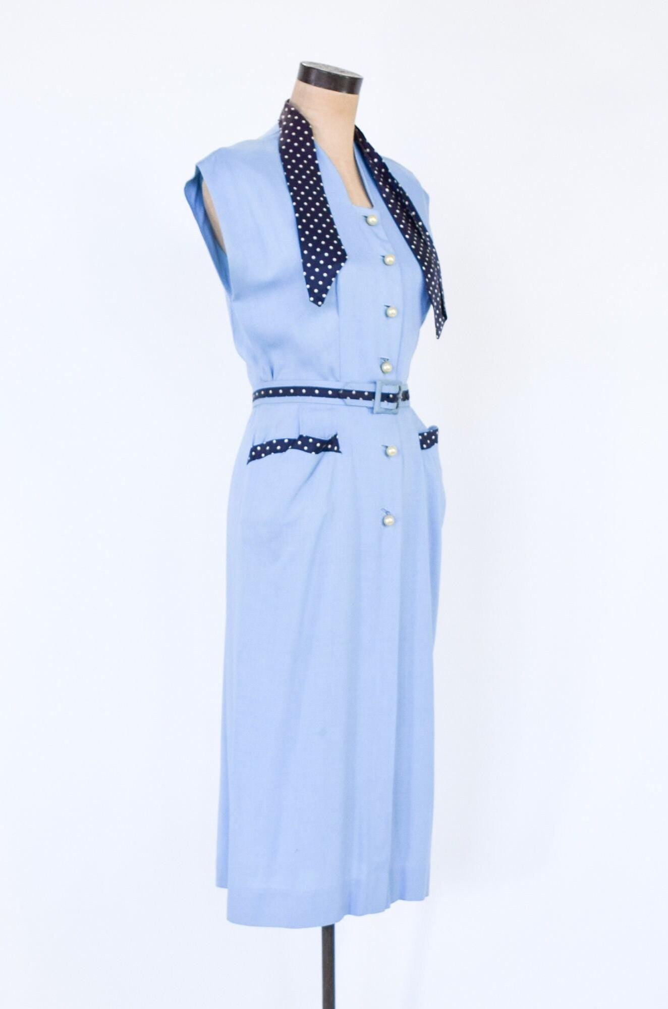 1950s Blue Cotton Sheath Dress, Medium