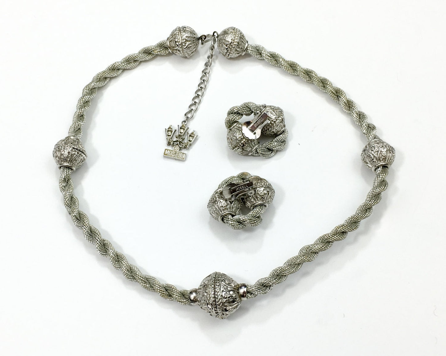 Vintage Mosell Silver Metal Necklace & Earrings Set | 1960s Choker