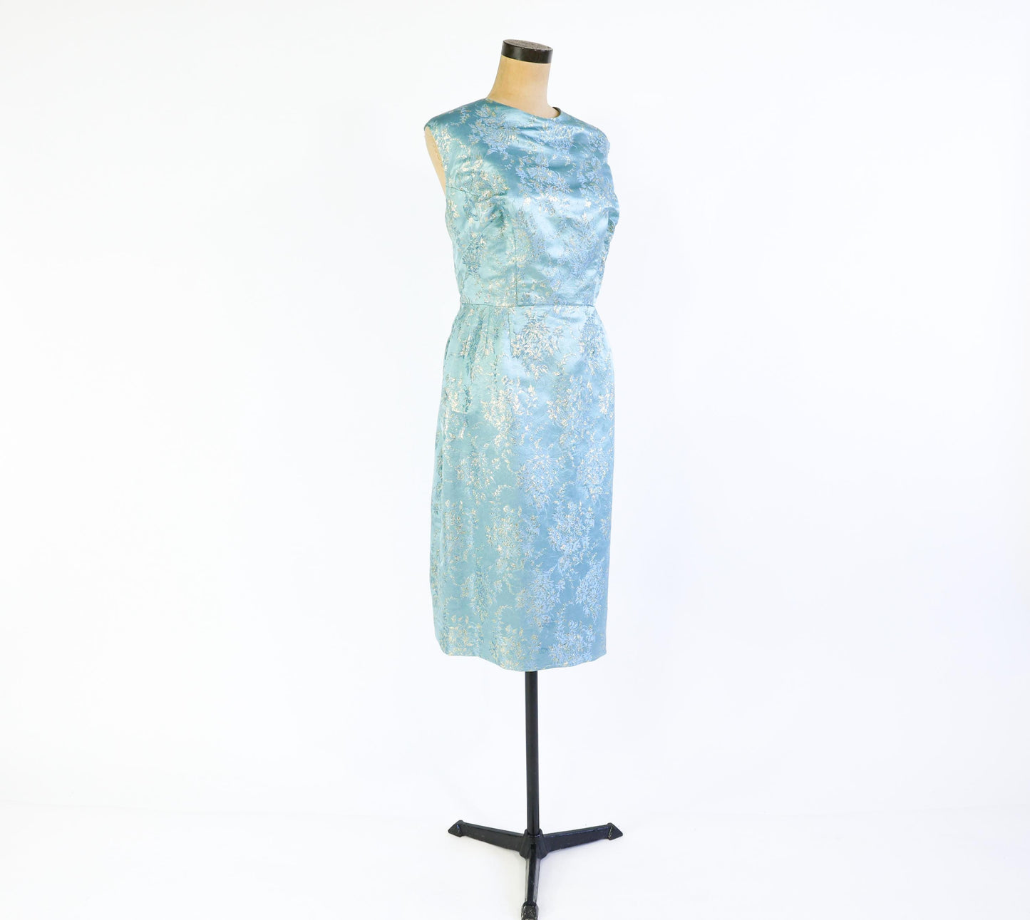 1950s Blue Metallic Jacquard Party Dress, 35" Waist