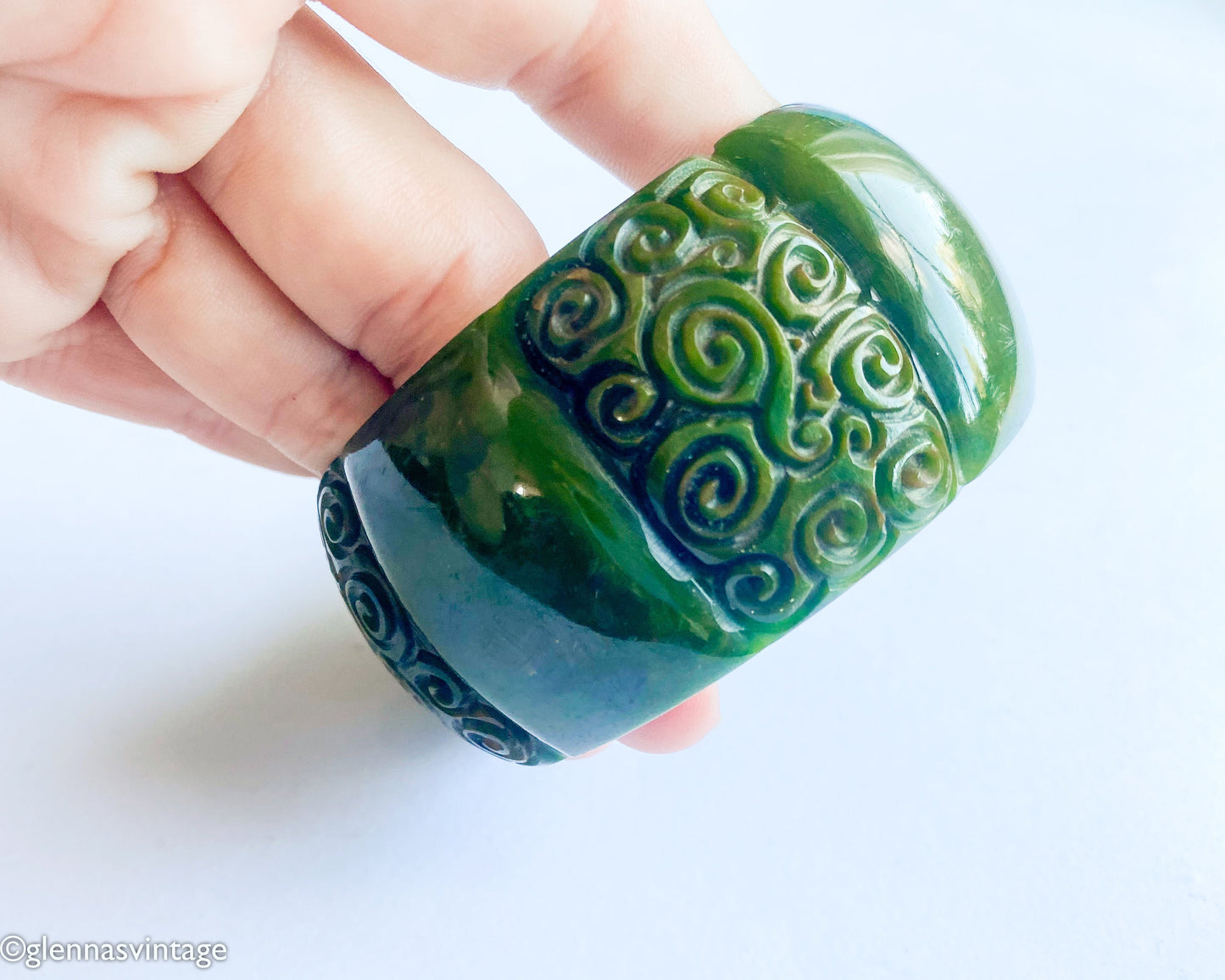 1930s Carved Olive Green Bakelite Bangle | Vintage Wide Bracelet