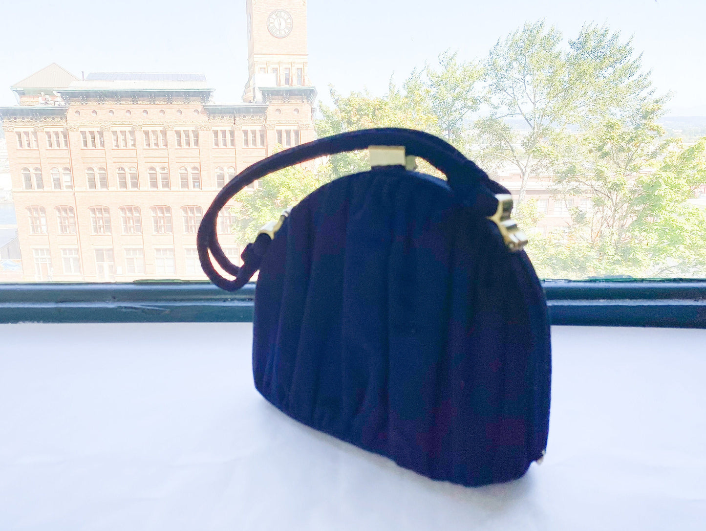 1940s Black Wool Handbag | 40s Black Gathered Wool Purse