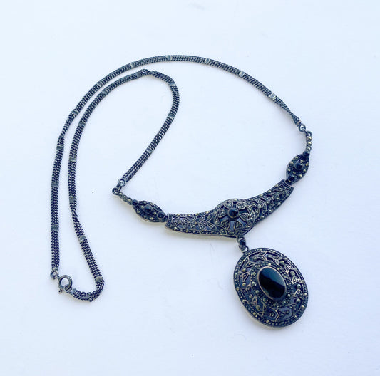 1940s Marcasite & Silver Pendant Necklace | 40 Silver Marcasite Necklace