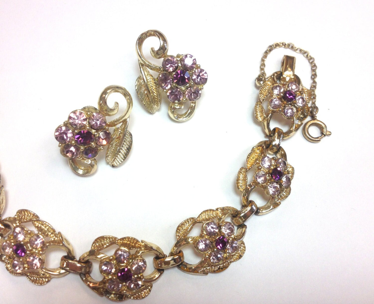 Coro | 1950s Lavender Rhinestone Flowers Bracelet Set | 50s Purple Bracelet & Earring Set | Purple Rhinestone Set | Coro