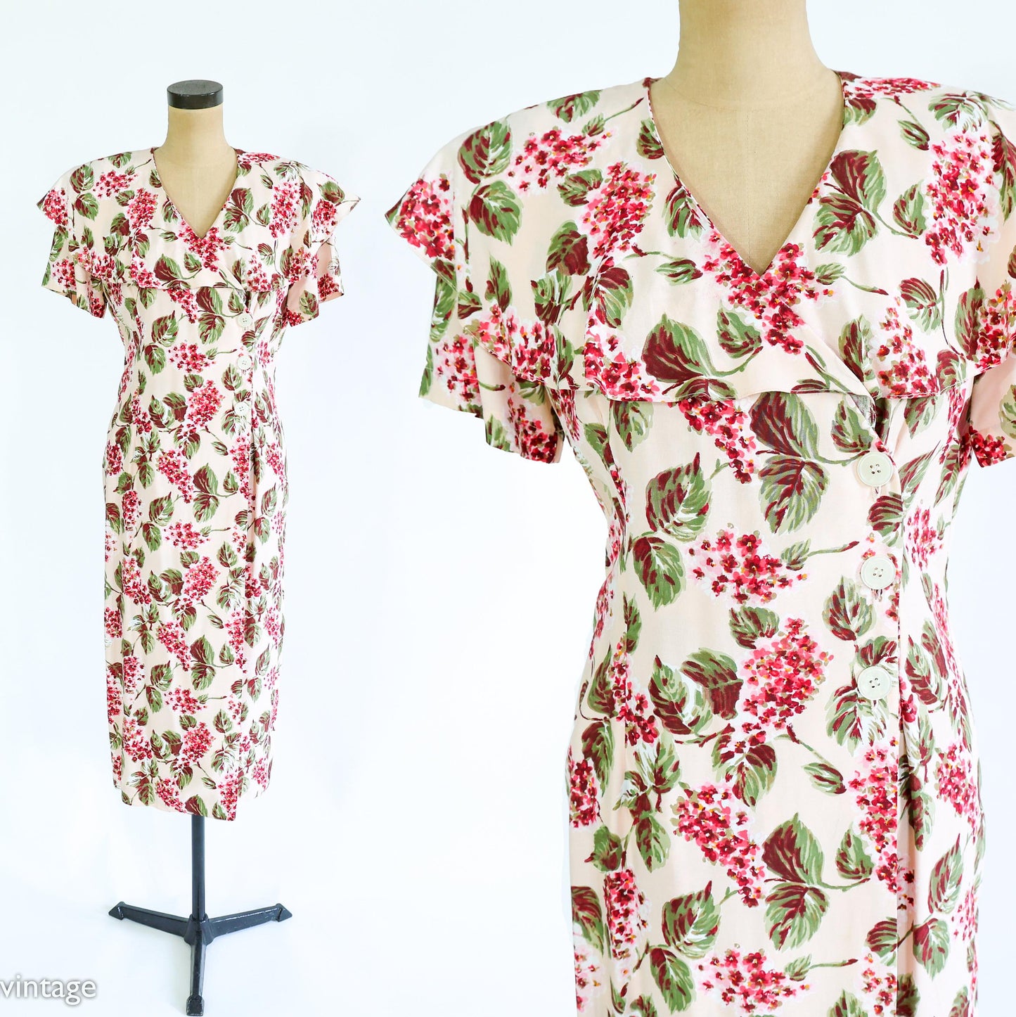 1980s Creme & Pink Floral Print Dress, Size 8 Medium