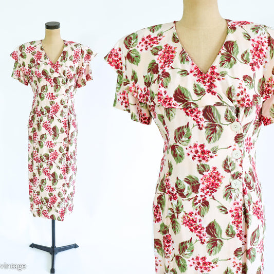 1980s Creme & Pink Floral Print Dress, Size 8 Medium