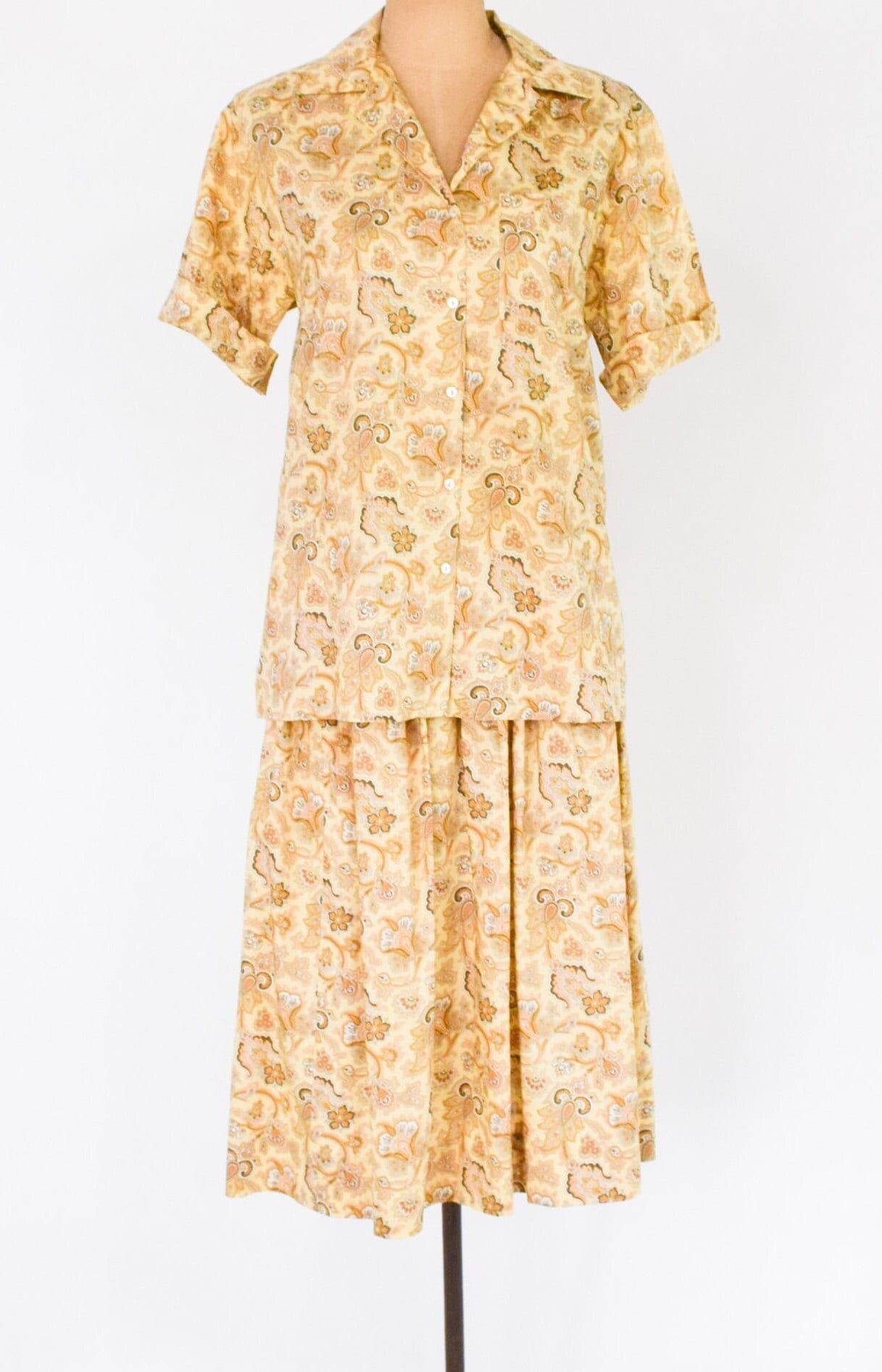 1980s Gold Floral Blouse & Skirt Set | 80s Gold Cotton Paisley Skirt Set | Gloria Sachs | Medium