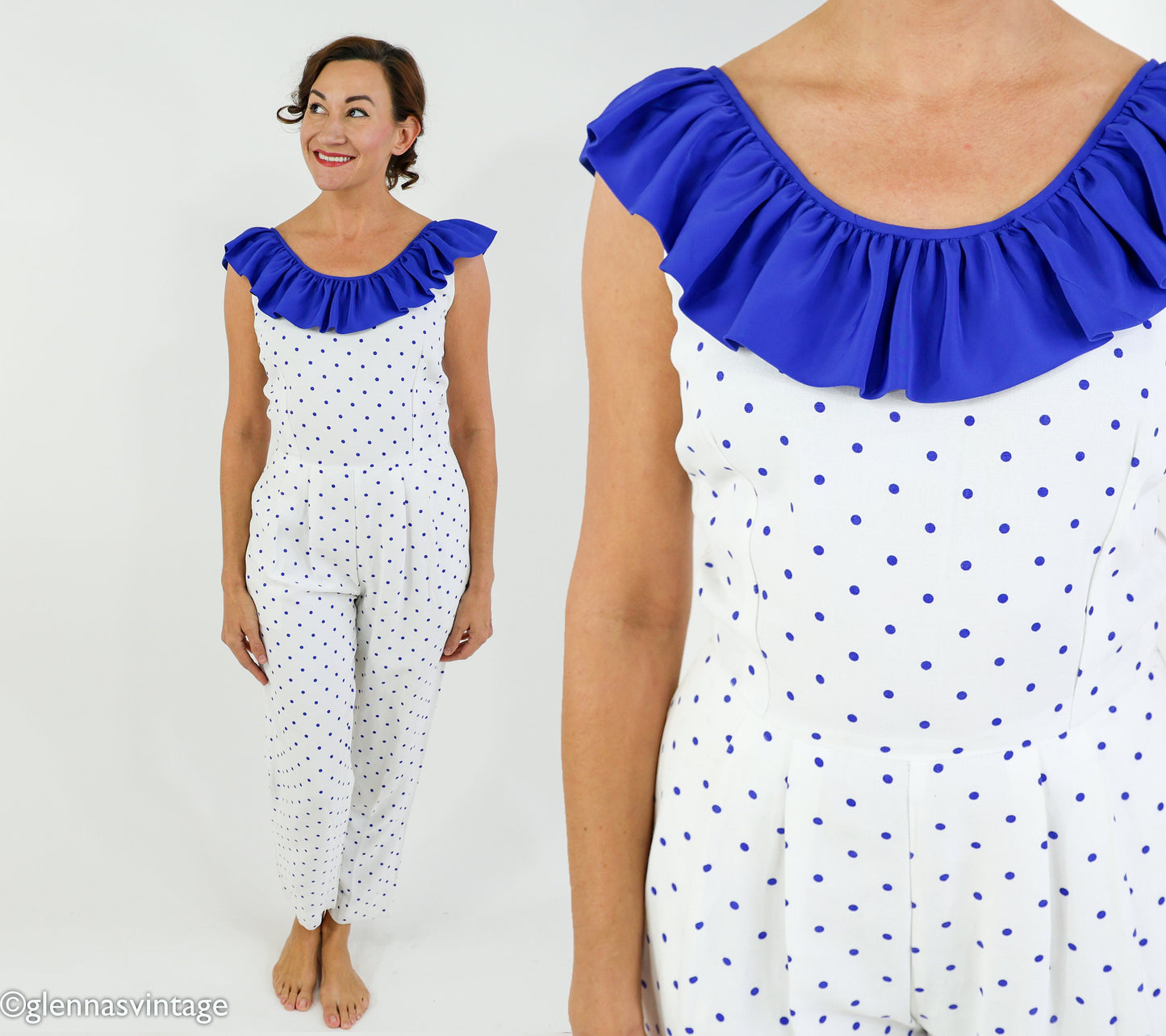 1980s Blue & White Polka Dot Jumpsuit, Small