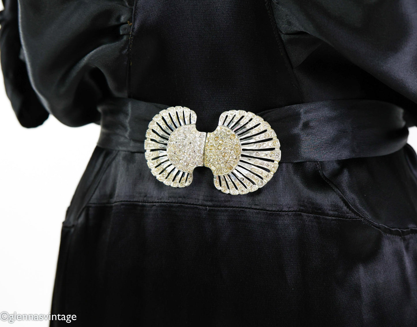 1930s Vintage Black Satin Evening Gown, Rhinestone Belt, Extra Large