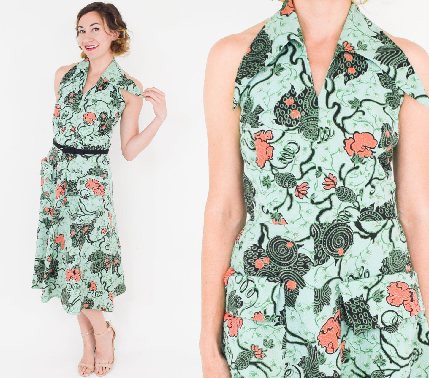 1950s Green Floral Halter Dress, Small