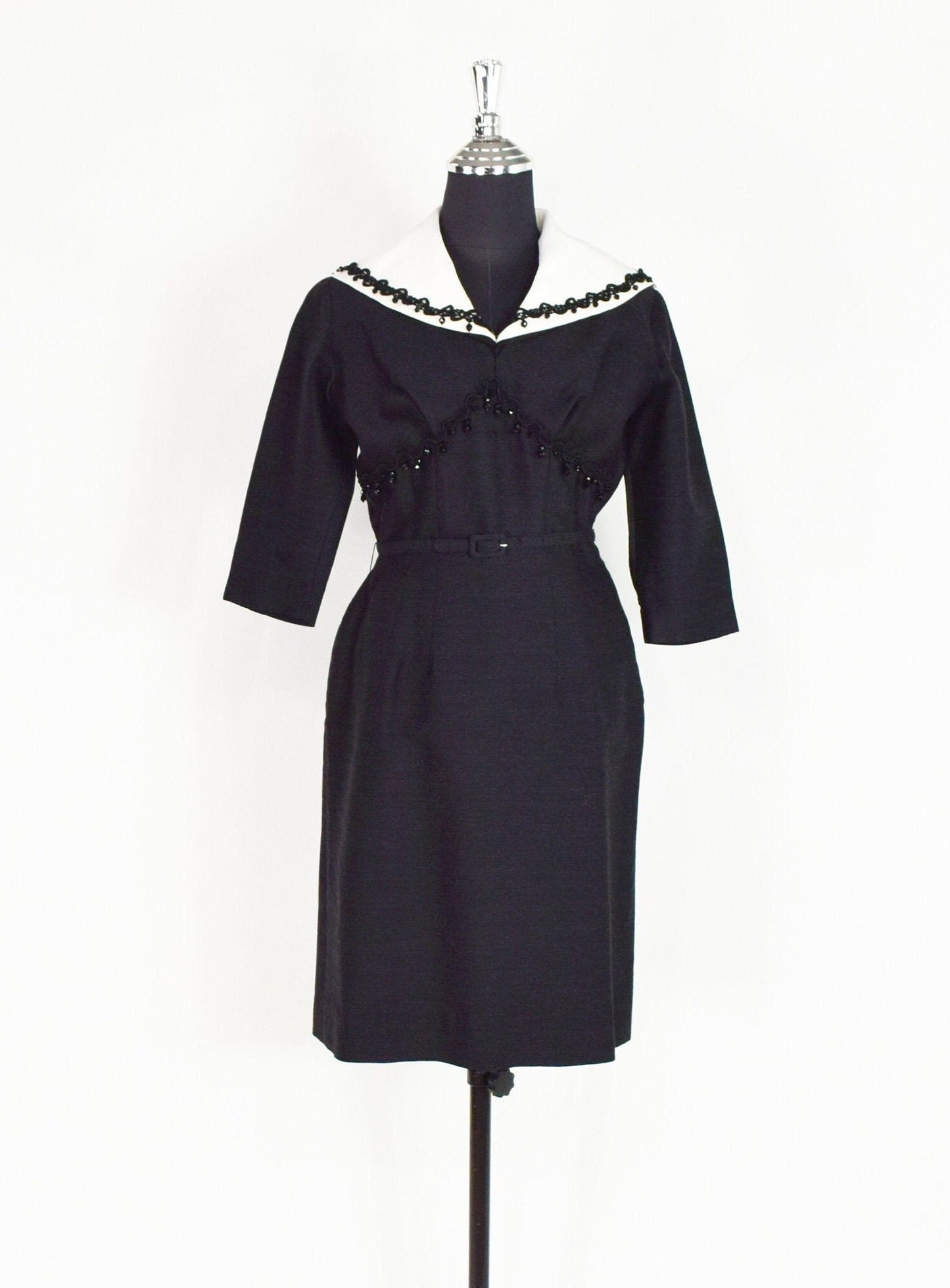 1940s Charcoal Gray Wool Dress with Collar | 40s Black Secretary Dress | White Removable Collar | Day to Night Dress | Chumley | Medium