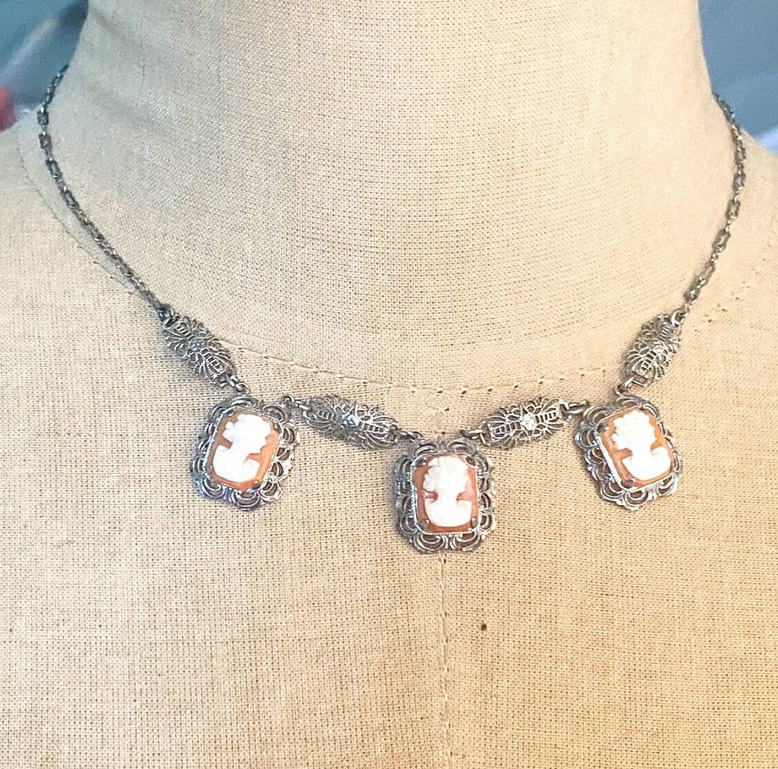 1920s Sterling Silver Cameo Necklace, Filigree Shell Cameos