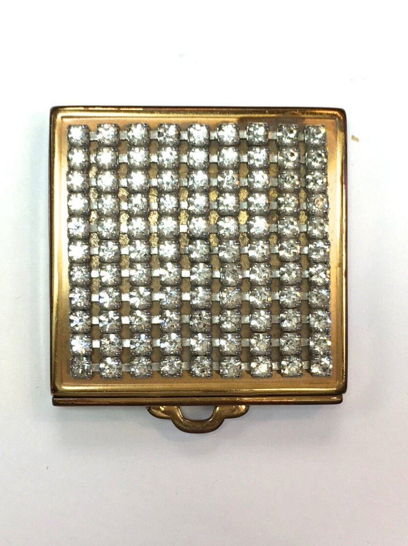 1940s Rhinestone Covered Compact | 40s Gold & Rhinestone Square Compact