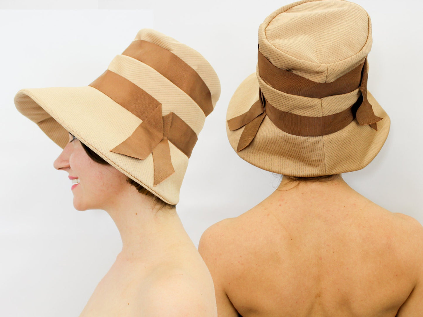 1960s Lilly Daché Tan Striped High Crown Hat