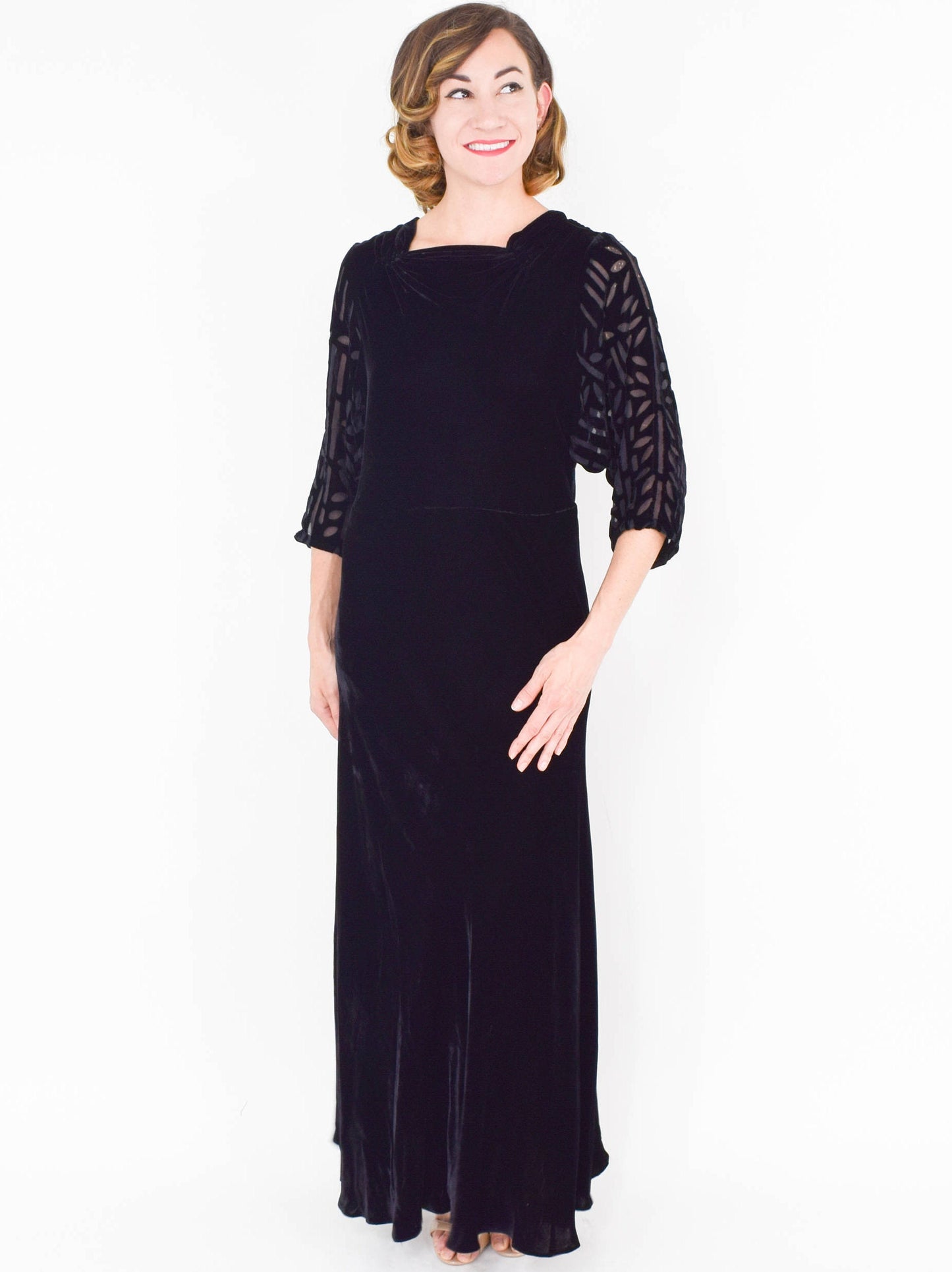 1900s Black Silk Velvet Evening Dress | Black Velvet Gown | Medium