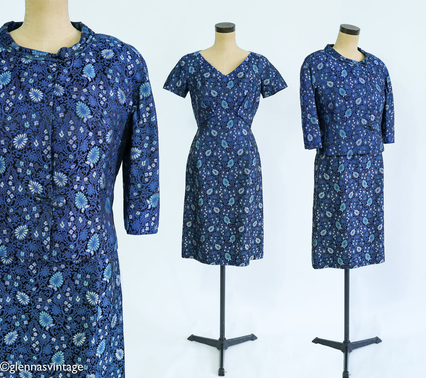 1960s Blue Brocade Dress & Jacket Set | 60s Navy Blue Print Brocade Dress Set | Mary Louise | Small