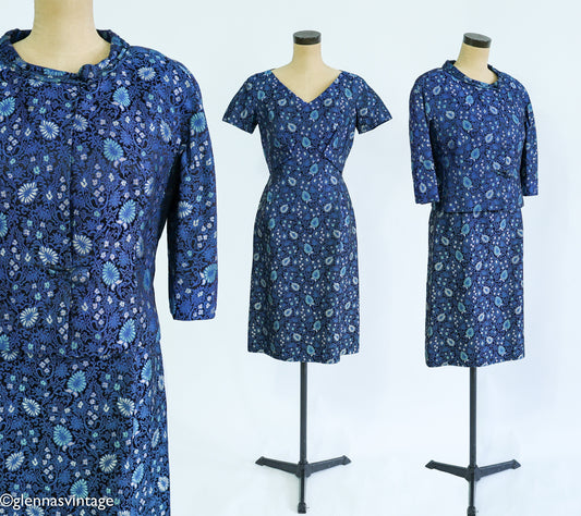 1960s Blue Brocade Dress & Jacket Set | 60s Navy Blue Print Brocade Dress Set | Mary Louise | Small