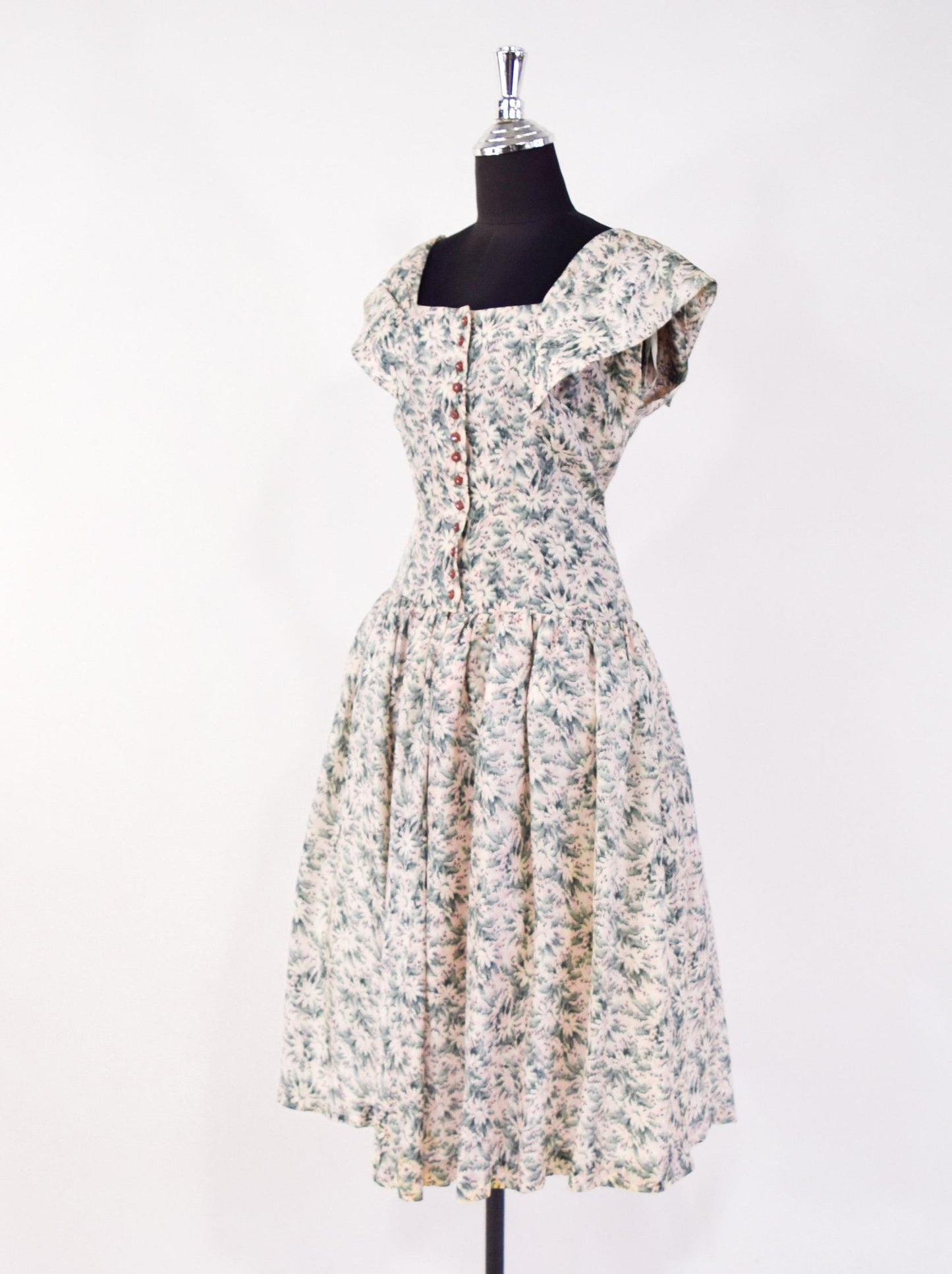 1950s Gray & Pink Floral Silk Party Dress, Medium