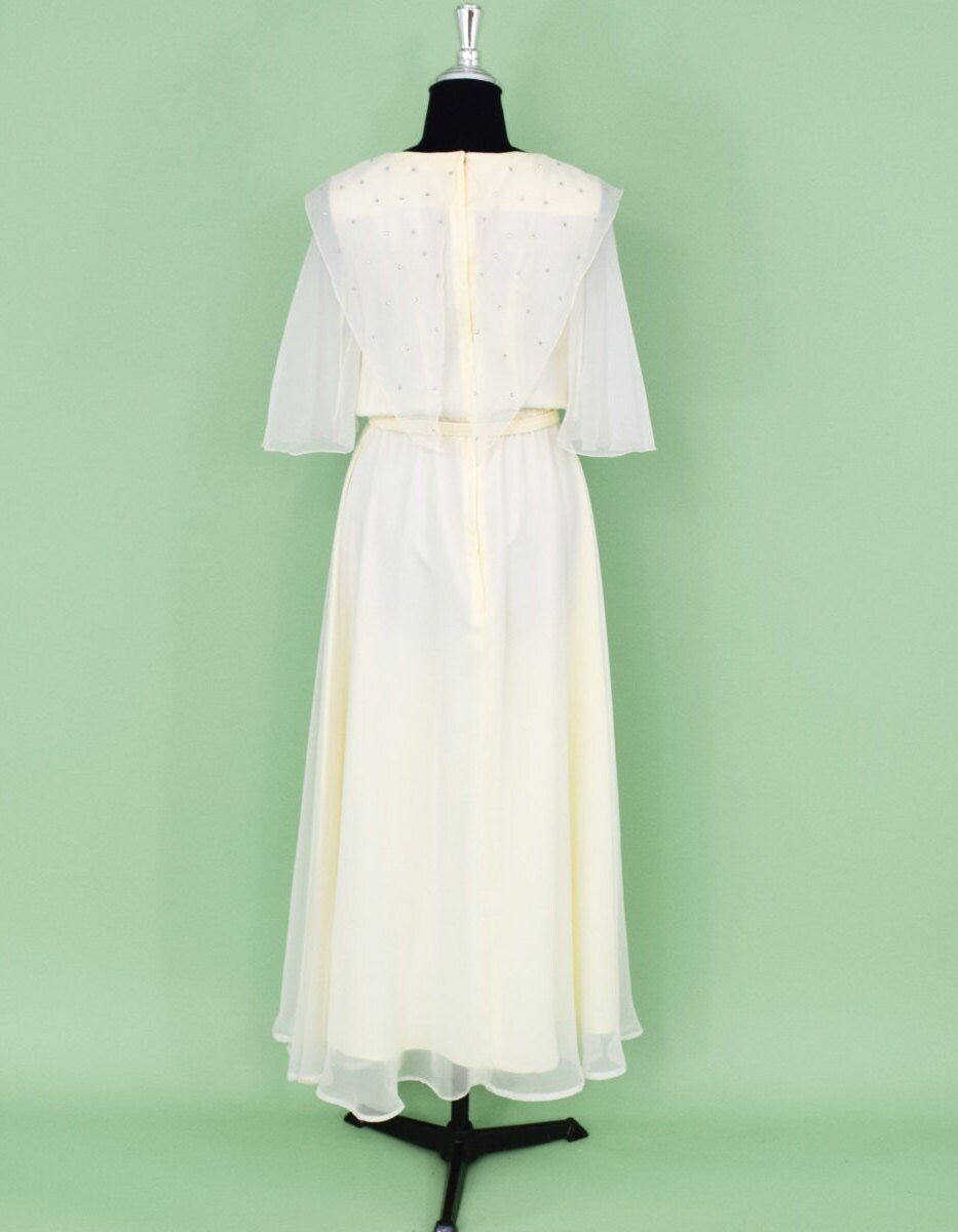 1970s Creme Maxi Dress | 70s Creme Rhinestone Studded Maxi l Boho Maxi Gown | Small