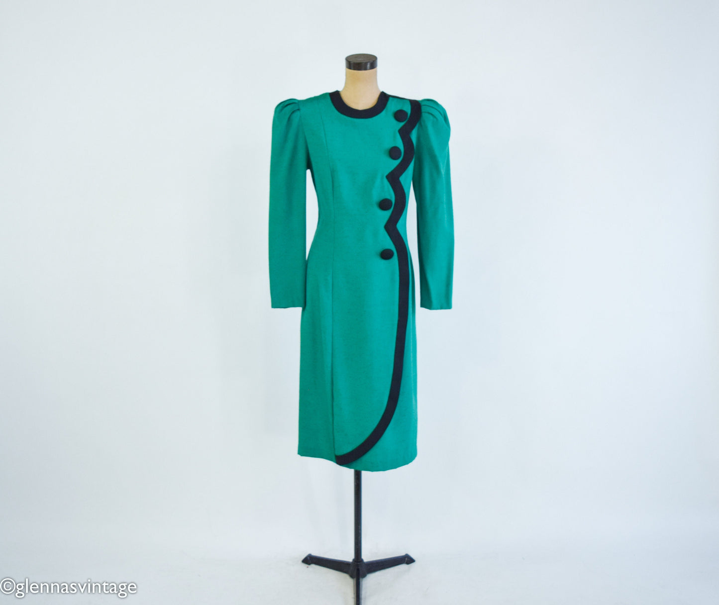 1980s Green Dress with Black Trim, Etoile Collection, Large