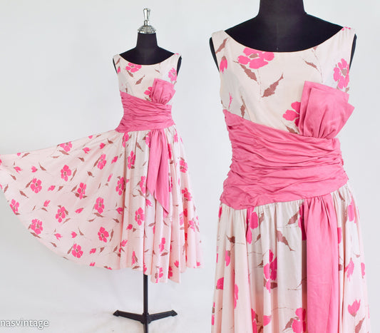 1950s Pink Floral Cotton Party Dress, Small