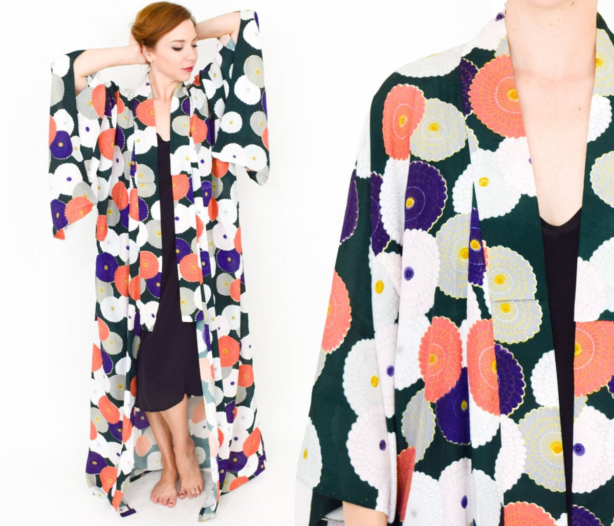 Floral Chrysanthemum Kimono Robe | Green, Orange, Purple