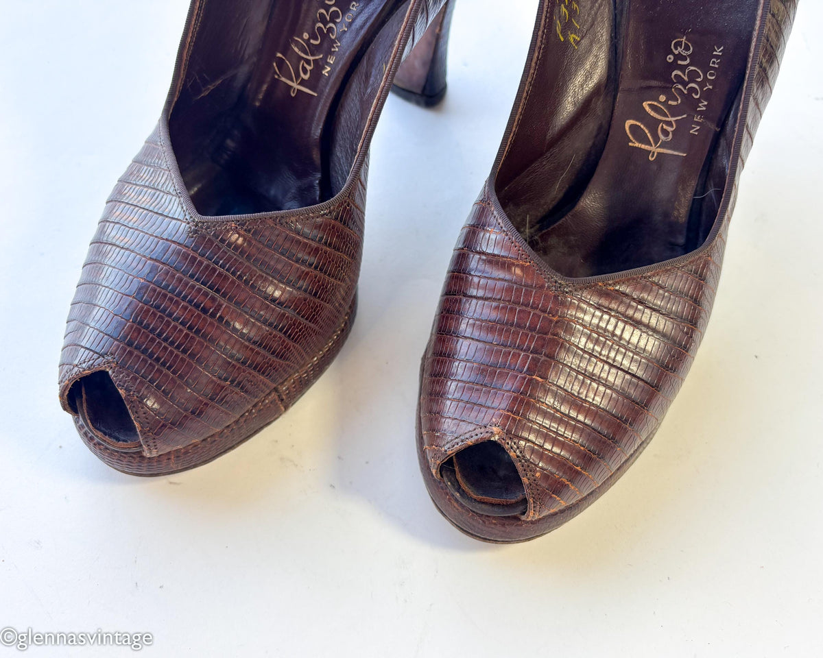 1940s Brown Lizard Platform Slingback Heels, 7.5 A, 38