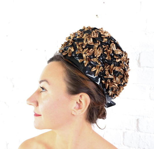 1960s Brown Black Raffia Bubble Hat