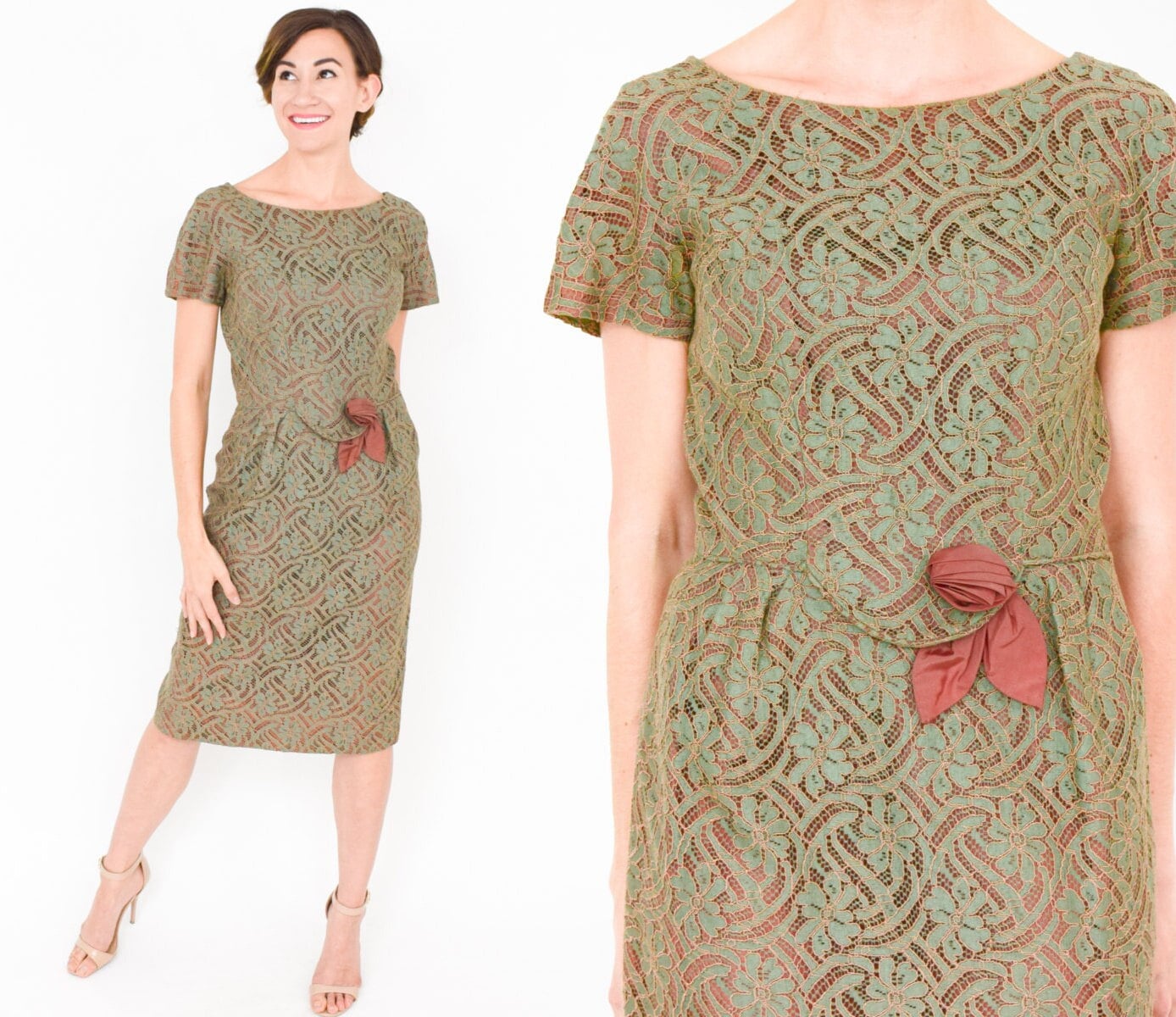1950s Olive Green Lace Cocktail Dress, Medium