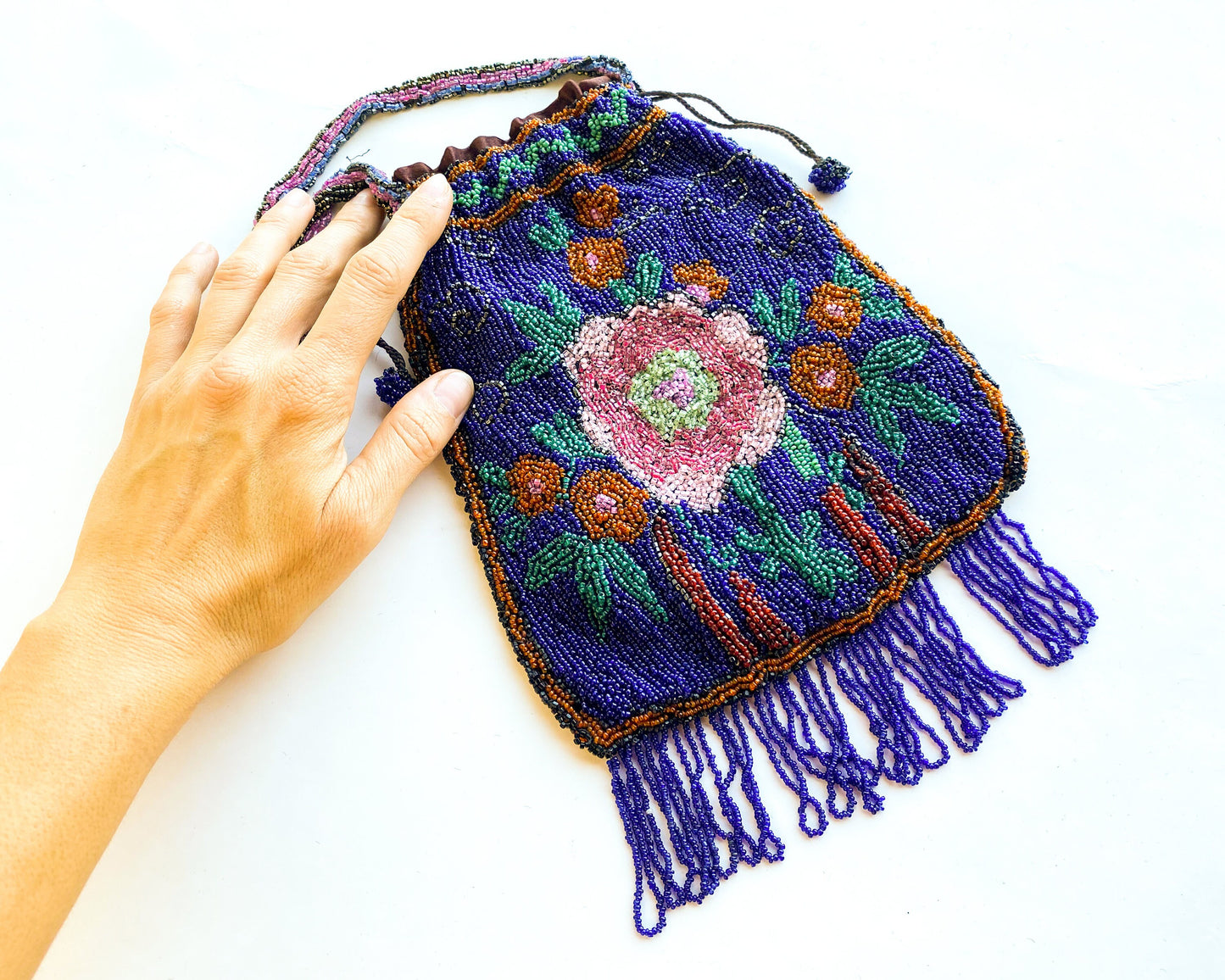 1900s Blue Floral Beaded Evening Bag | Blue & Pink Flower Beaded Handbag | Gustus Katz