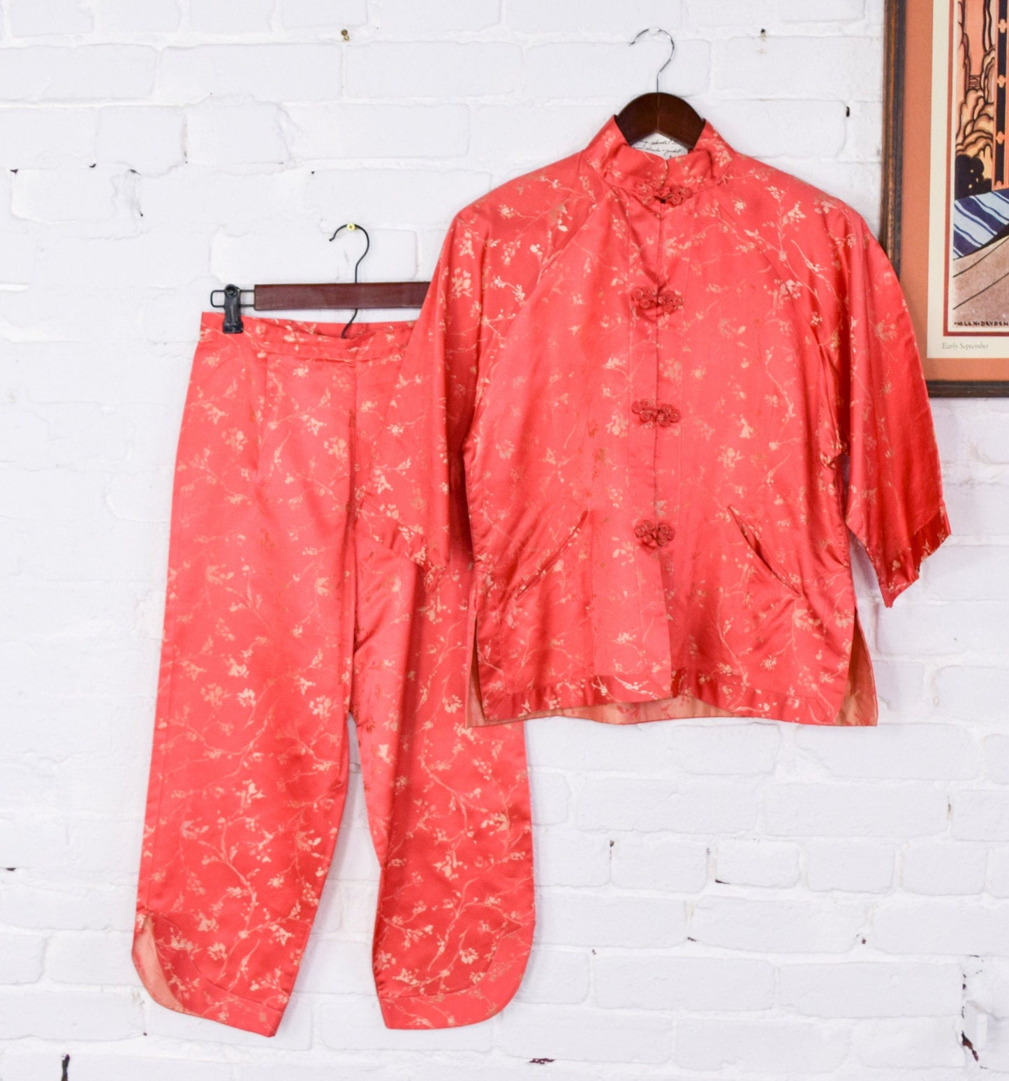 1950s Orange Asian Slacks Set | Silk Jacket & Pants, Medium