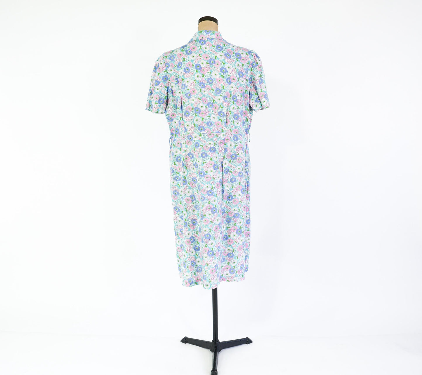 1940s Blue Pink Floral Cotton Day Dress, 40" Waist