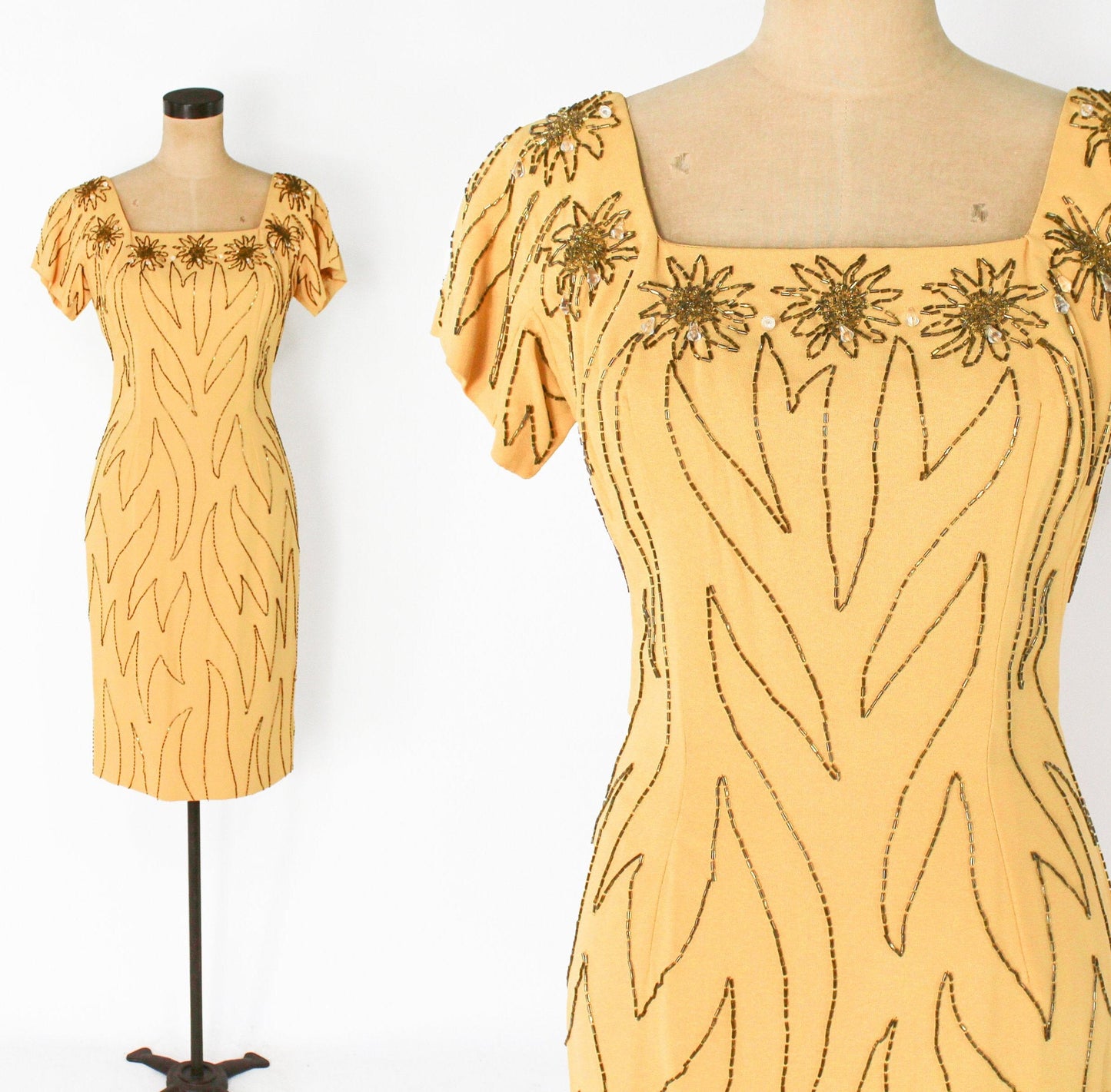 1950s Yellow Beaded Cocktail Dress, Small