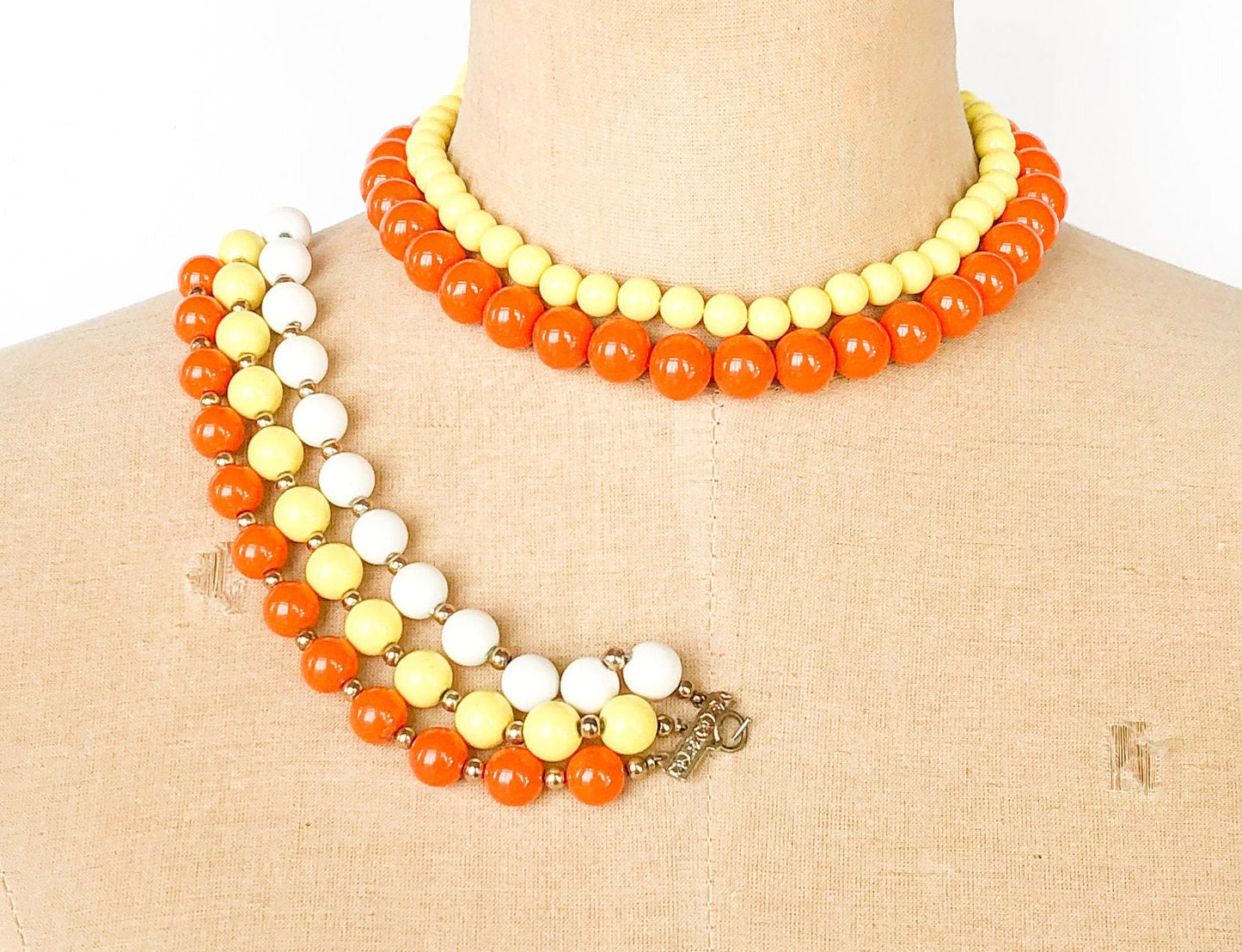 1960s Orange Beaded Necklace Set | 60s Yellow & Orange Plastic Choker Bracelet Set