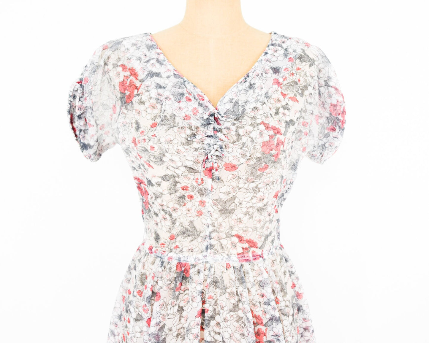 1950s White Pink Gray Floral Nylon Dress, Medium