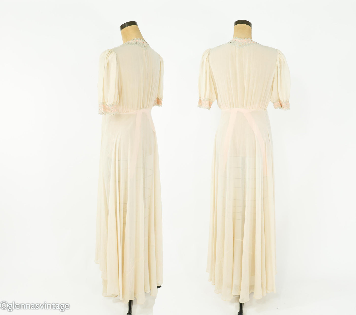 1930s Ivory Silk Chiffon Peignoir Set, Vintage Lace Nightgown, Small