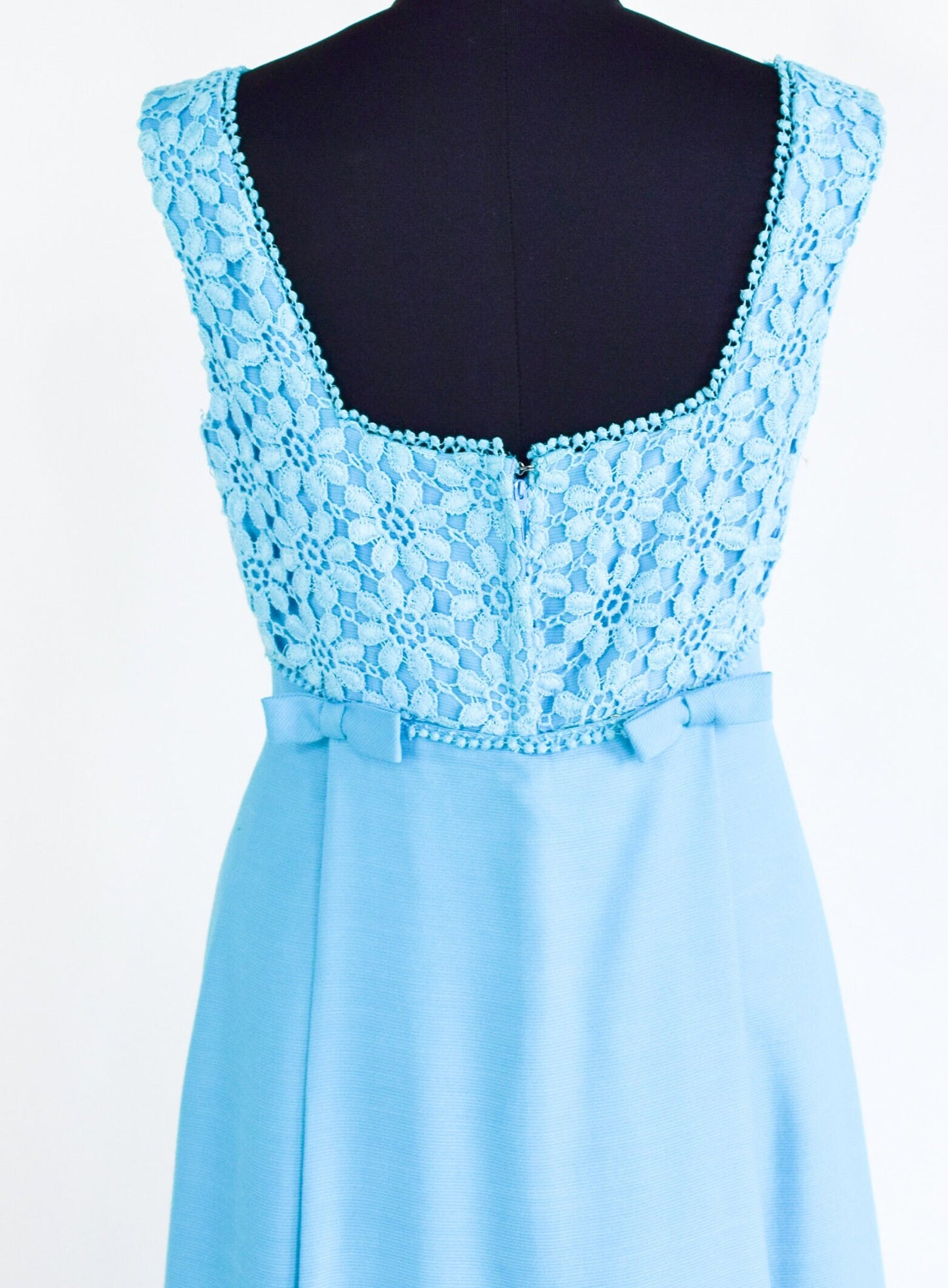 1960s Turquoise Blue Prom Dress | 60s Cotton Flower Lace Top Maxi Dress | XS