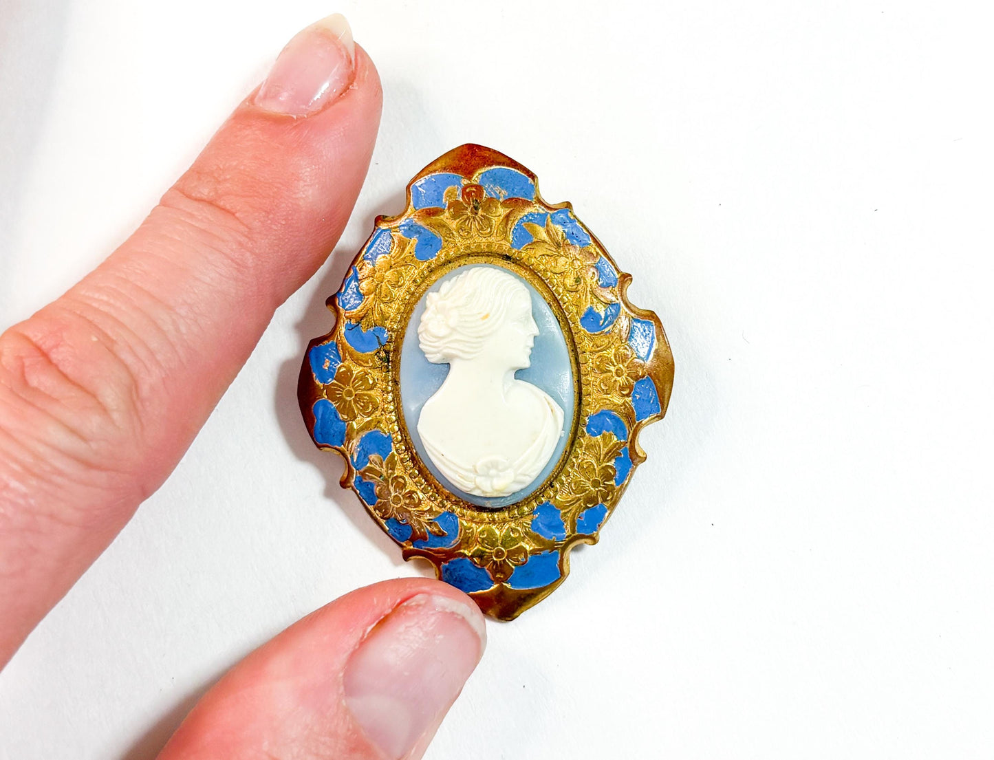 1930s White Blue Vintage Cameo with Brass & Enamel Frame