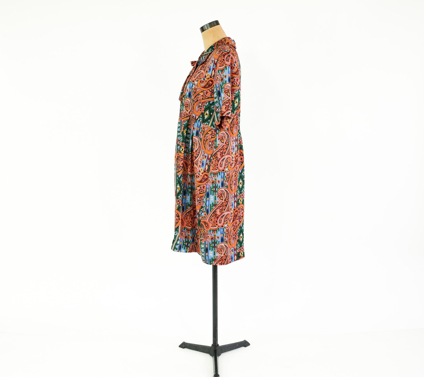 1960s Orange & Blue Paisley Print Dress, 38" Waist
