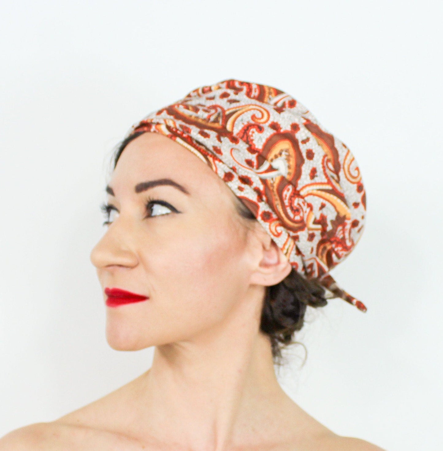 1950s Orange Paisley Print Turban Hat