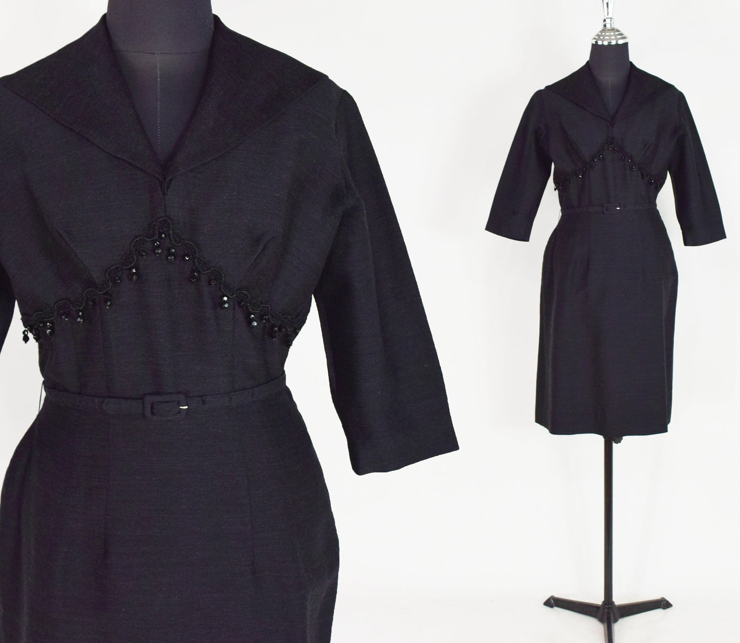 1940s Charcoal Gray Wool Dress with Collar | 40s Black Secretary Dress | White Removable Collar | Day to Night Dress | Chumley | Medium