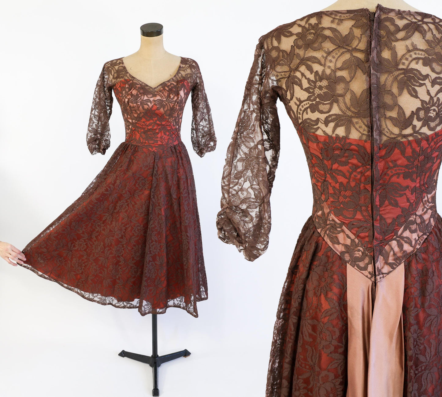 1950s Brown & Pink Lace Party Dress, Small