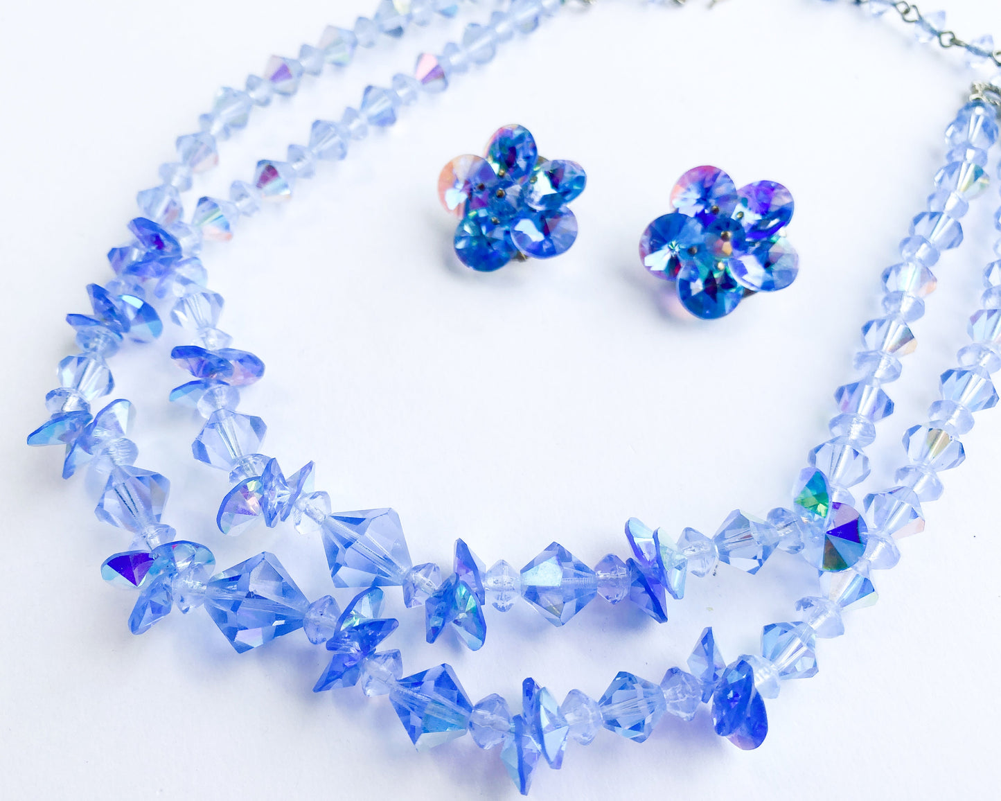 1950s Blue Crystal Necklace Set | 50s Blue Glass Bead Necklace & Clip Earrings