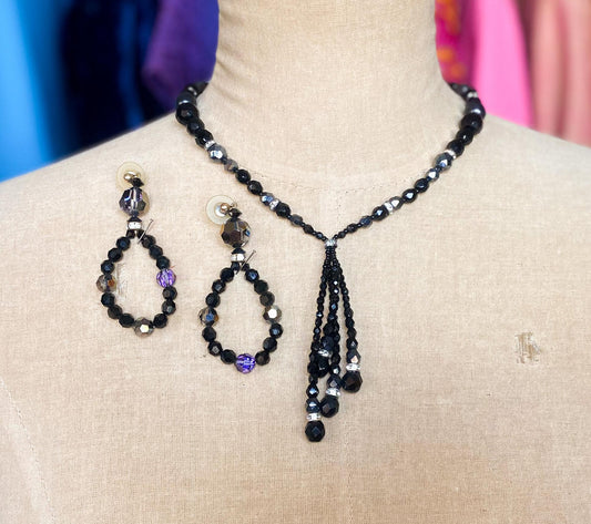 1980s Black Crystal Bead Necklace Set | 80s Black Glass Bead Pendant Earring Set | Black Pendant & Matching Pierced Loop Earrings