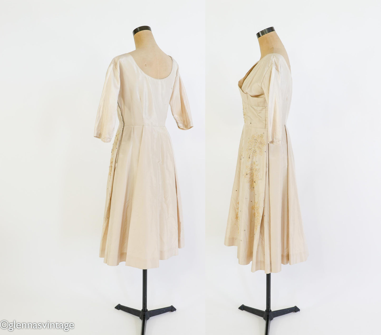 1940s Beige Silk Taffeta Party Dress with Sequins & Pearl, Medium