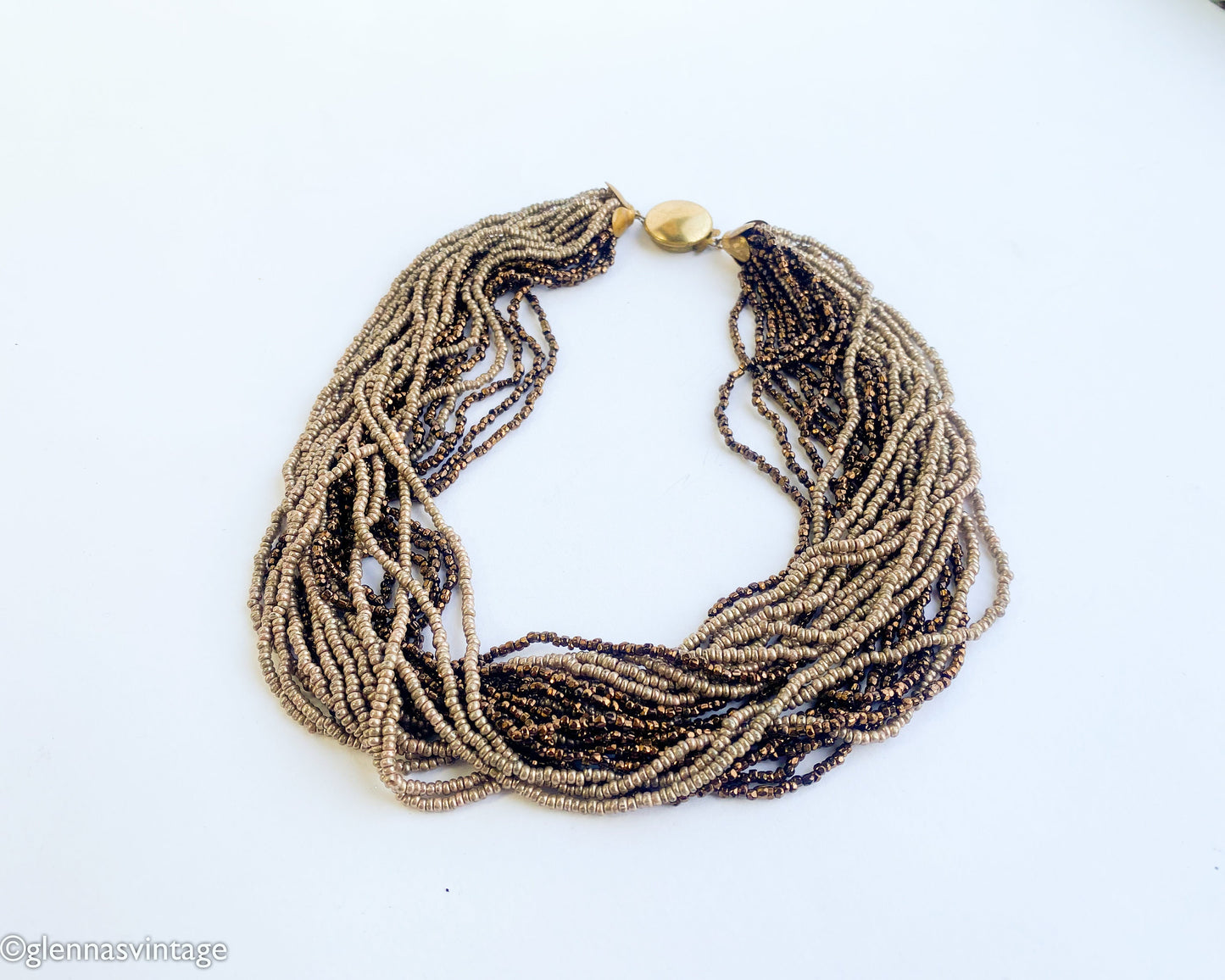 1940s Coper & Bronze Seed Beaded Necklace
