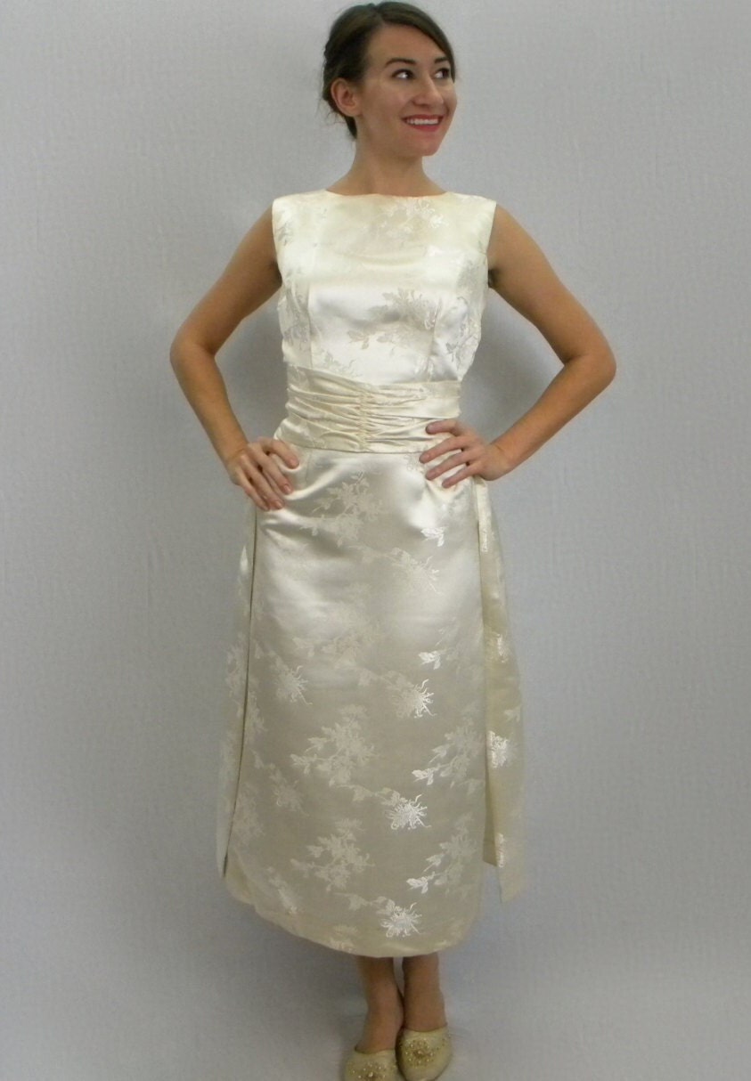 1950s Creme Silk Satin Dress, Small